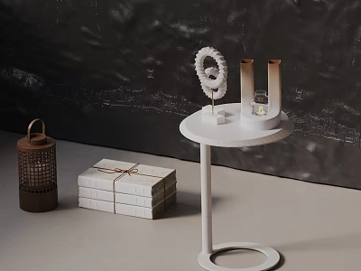 White Round Side Table With Decorative Ornaments Brown Lantern And Stacked Books 3d model