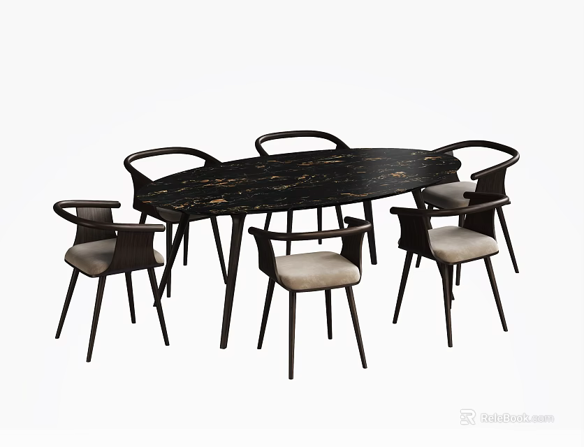 Elegant Black Oval Dining Table Set With Marble Top And Six Dark Frame Chairs 3d model 