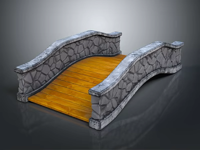 Small Bridge Design with Wooden Deck and Stone Masonry Railings Structure 3d model