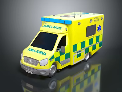 Yellow Ambulance Vehicle With Green Checkered Design And Emergency Medical Gear 3d model
