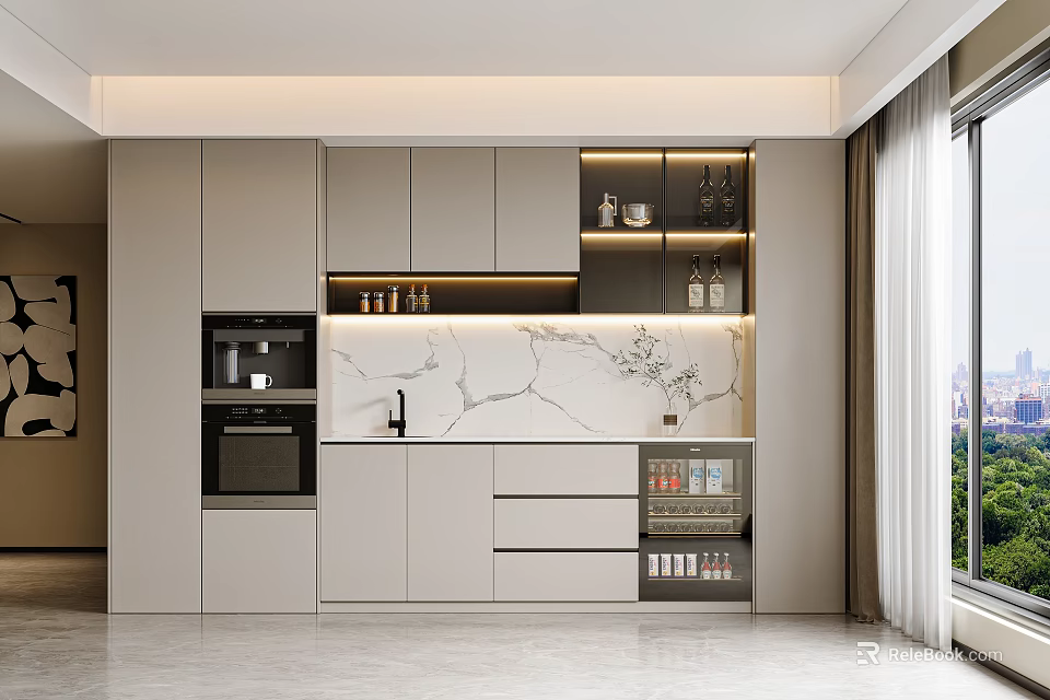 Modern Kitchen Sideboard Cabinet With Marble Countertop And Storage Space 3d model 