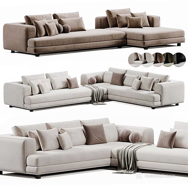 Modern Comfortable Sectional Sofa With Light Colored Fabric Multiple Pillows And Throw Blanket 3d model 