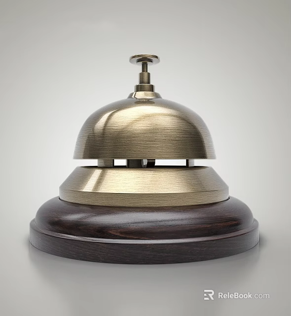 Classic Brass Service Bell With Polished Wooden Base And Dome Shape 3d model 