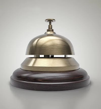 Classic Brass Service Bell With Polished Wooden Base And Dome Shape 3d model