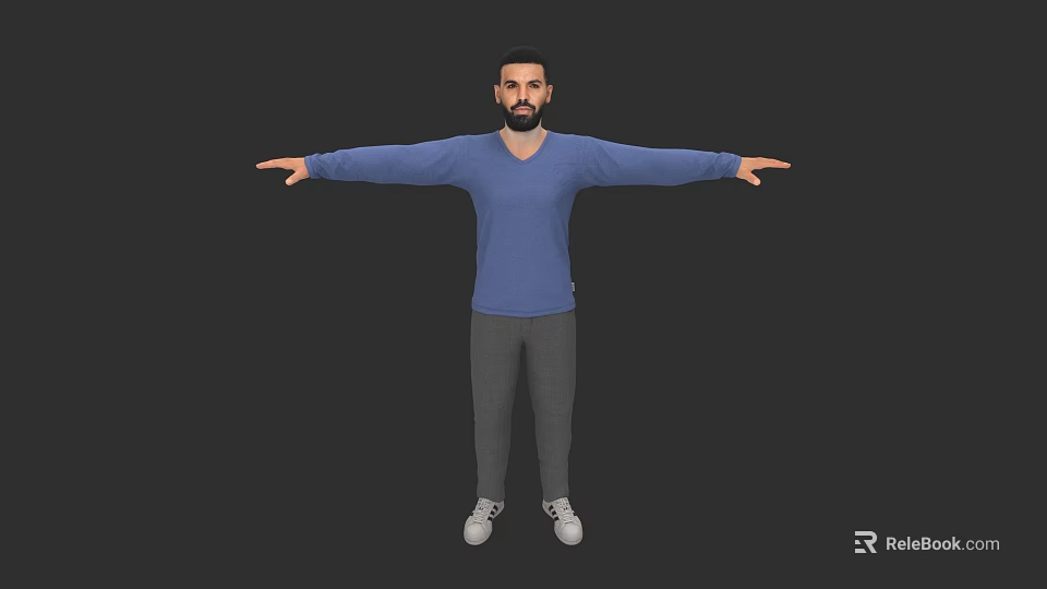 Man In Blue Long Sleeve Shirt Gray Pants White Shoes With Arms Outstretched Dark Background 3d model 