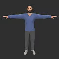 Man In Blue Long Sleeve Shirt Gray Pants White Shoes With Arms Outstretched Dark Background