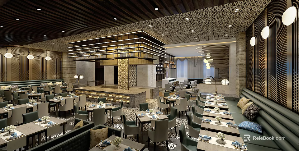 Elegant Restaurant Interior With Wooden Ceiling Geometric Pattern Tables And Ambient Lighting 3d model 