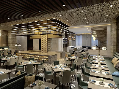 Elegant Restaurant Interior With Wooden Ceiling Geometric Pattern Tables And Ambient Lighting 3d model