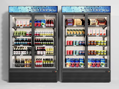Upright Glass Door Commercial Cold Drink Display Refrigerators Stocked With Various Beverages 3d model