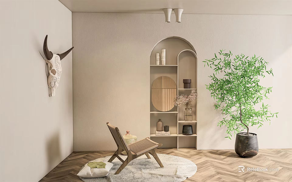 Wooden Leisure Chair In Cozy Living Room With Arched Shelf Green Plant And Round Rug 3d model 