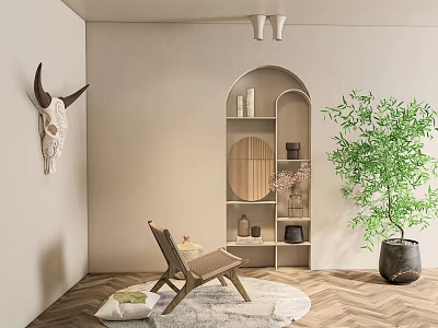 Wooden Leisure Chair In Cozy Living Room With Arched Shelf Green Plant And Round Rug 3d model