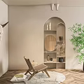 Wooden Leisure Chair In Cozy Living Room With Arched Shelf Green Plant And Round Rug