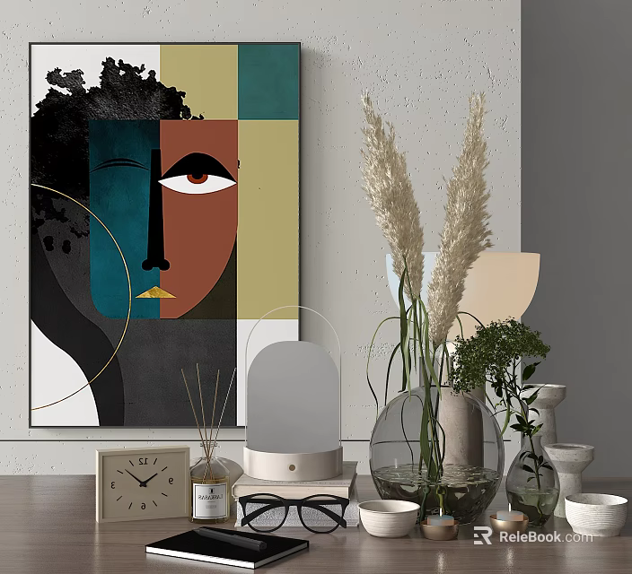 Modern Interior Decor With Abstract Face Artwork Pampas Grass And Decorative Items 3d model