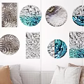 Modern Geometric Abstract Wall Decor with Circular Square Art Pieces Featuring Teal White Silver Patterns 3d model