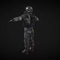 Armored Character in Camouflage Combat Gear Red Black Vest Helmet with Arms Outstretched