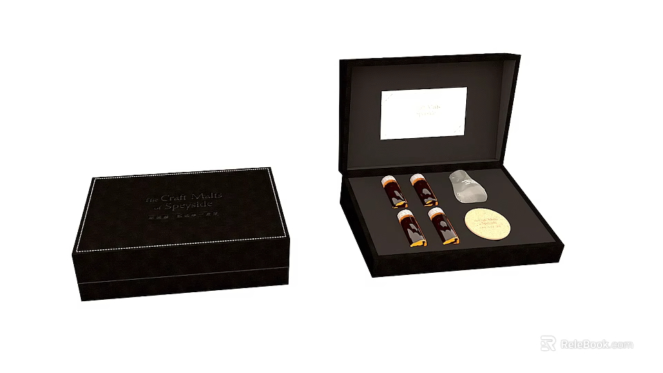 Elegant Decorative Ornament Set with Black Box Small Vials and Metal Plaque 3d model 