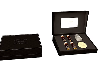 Elegant Decorative Ornament Set with Black Box Small Vials and Metal Plaque 3d model