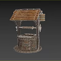 Traditional Well Structure With Wooden Roof Stone Base And Pulley Bucket