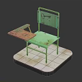 Vintage Green Chair with Small Attached Desk Key Design on Backrest and White Tiled Base