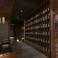 Traditional Chinese Restaurant Interior With Wooden Ceiling Brick Walls And Warm Lighting