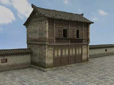 Traditional Ancient Chinese Building Featuring Two Story Wooden Structure Tiled Roof And Stone Walls 3d model