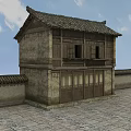 Traditional Ancient Chinese Building Featuring Two Story Wooden Structure Tiled Roof And Stone Walls
