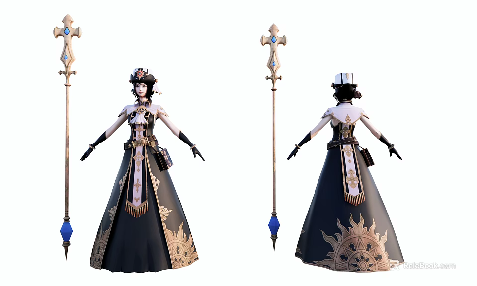 Game Fantasy Character With Elegant Black Gold Dress And Ornate Cross Staff 3d model 