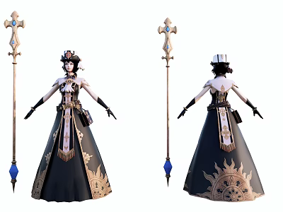 Game Fantasy Character With Elegant Black Gold Dress And Ornate Cross Staff 3d model