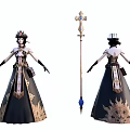 Game Fantasy Character With Elegant Black Gold Dress And Ornate Cross Staff