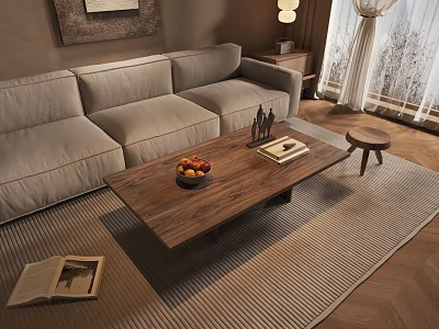 Wooden Coffee Table With Fruit Bowl Book And Decorative Items In Living Room 3d model