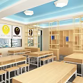 School Robotik Classroom With Bright Windows Student Desks Chairs Hanging Lights And Colorful Models