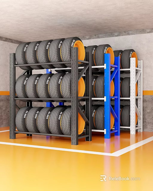 Metal Storage Racks with Blue and White Frames Holding Tires in Garage with Orange Floor 3d model 