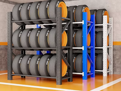 Metal Storage Racks with Blue and White Frames Holding Tires in Garage with Orange Floor 3d model