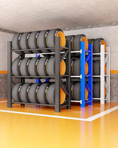Metal Storage Racks with Blue and White Frames Holding Tires in Garage with Orange Floor 3d model