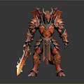 Man In Red Dragon Horned Armor Holding Flaming Sword With Ornate Design