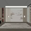 New Chinese Style Bed Accent Wall With Landscape Mural And Sconces