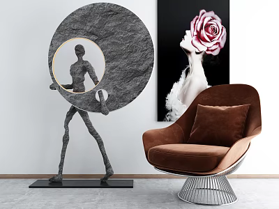 Modern Brown Single Sofa With Cushion And Metal Base Abstract Sculpture And Rose Painting Decor 3d model