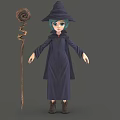 3D Model Witch Character With Blue Hair Pointed Hat Dark Robe And Twisted Staff