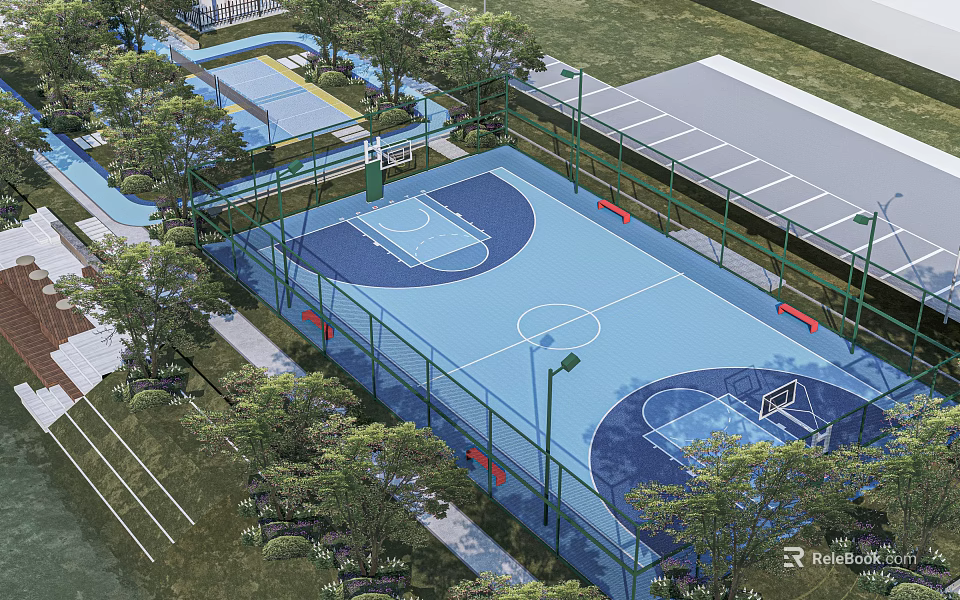 Outdoor Basketball Court With Blue Playing Surface Green Fence And Surrounding Trees 3d model 