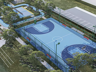 Outdoor Basketball Court With Blue Playing Surface Green Fence And Surrounding Trees 3d model