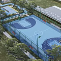 Outdoor Basketball Court With Blue Playing Surface Green Fence And Surrounding Trees