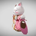 White Maneki Neko Figurine In Pink Kimono With Fortune Character And Floral Patterns