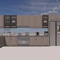 Modern Kitchen Interior With Gray Cabinets Refrigerator Oven And Wooden Floor