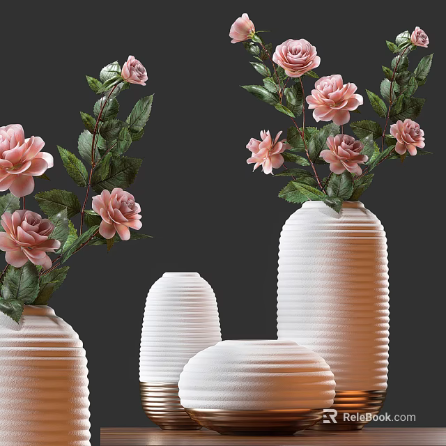 White Striped Vases With Pink Roses And Green Leaves On Dark Background 3d model 