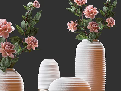 White Striped Vases With Pink Roses And Green Leaves On Dark Background 3d model