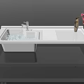 Modern White Washbasin With Flowing Water And Red Flower Vase On Countertop With Curtain View