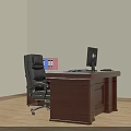 Brown Wooden Office Desk With Computer Monitor Mouse Phone Black Chair And Blue Pink Folders