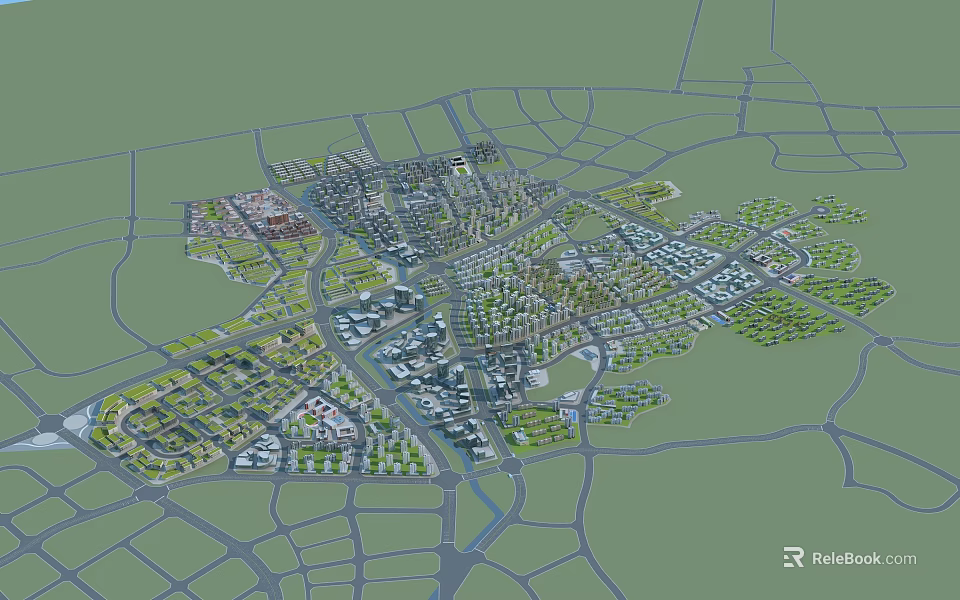 Aerial Planning of Urban District Layout With Road Network and Green Spaces 3d model 