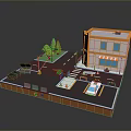 Miniature Urban Landscape Scene Featuring Orange Building Street Trees Traffic Signs And White Car