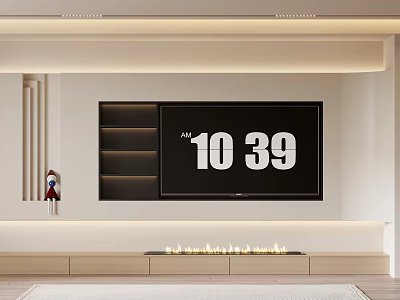 Modern TV Wall Design With Built-in Shelves Flame Accent And Decorative Figurine 3d model